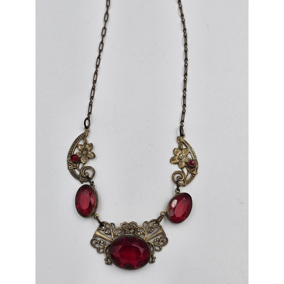 Antique Brass Filigree Necklace Red Glass Stones Art Deco Nouveau Style - Picture 7 of 16